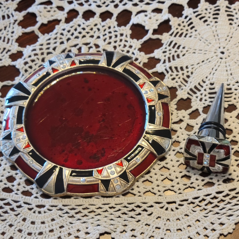 Art Deco Style Wine Buttle Coaster And  Stopper.Red and Black White Rhinestones